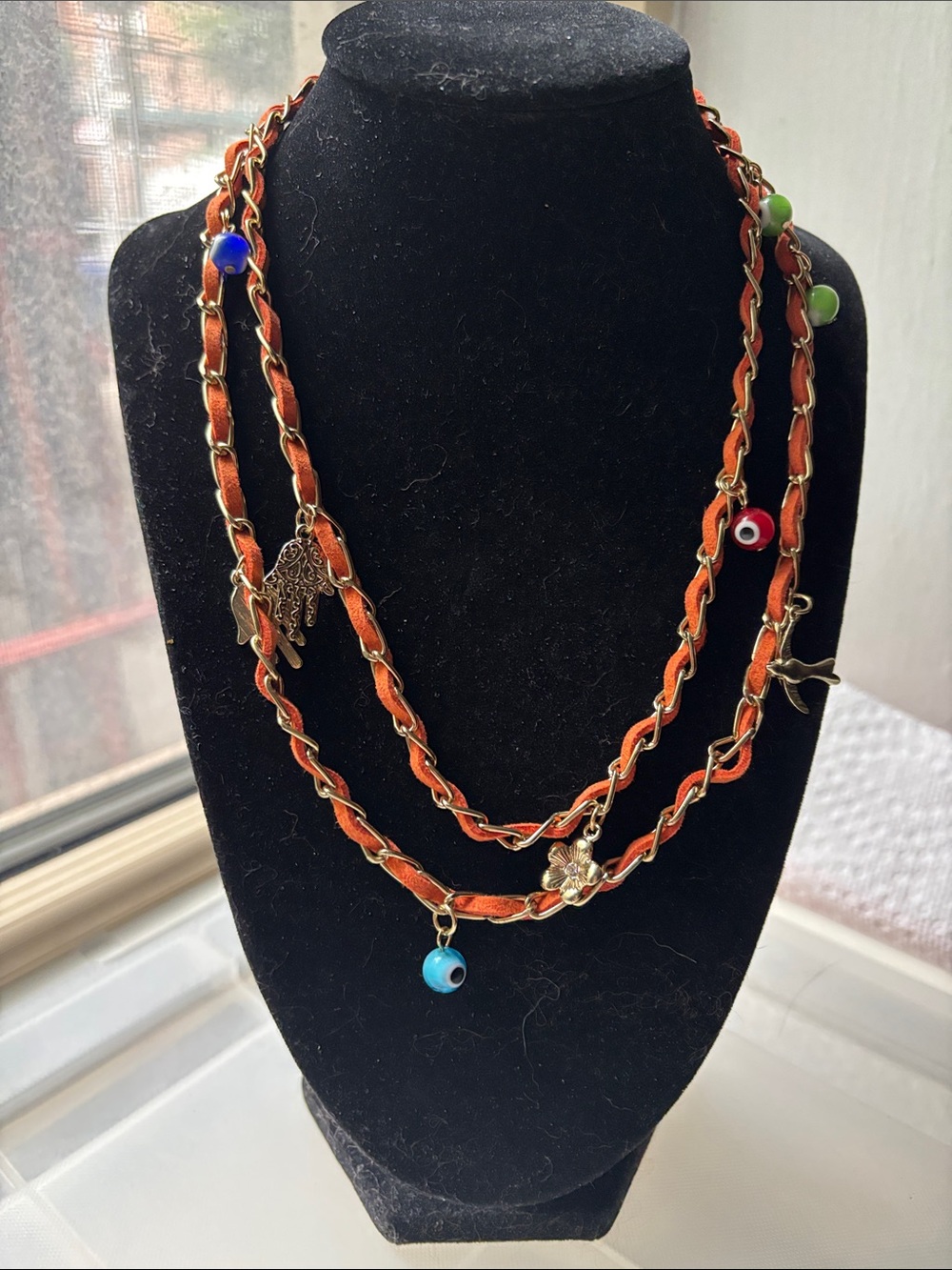 🟠Boho Layered Charm Necklace Orange & Gold Chain Hamsa Hand Evil Eye Unisex